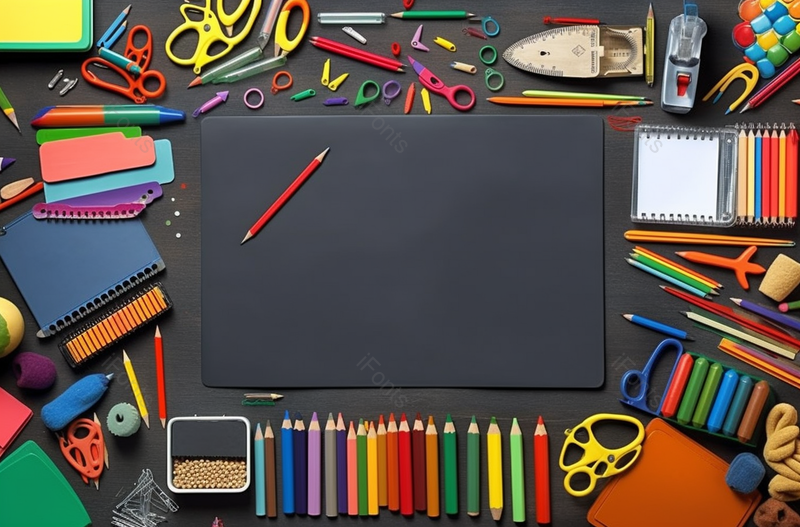 黑色桌面摆满了各式各样的学习用品,高清,摄影图,摄影图片,图片大全,摄影图免费下载